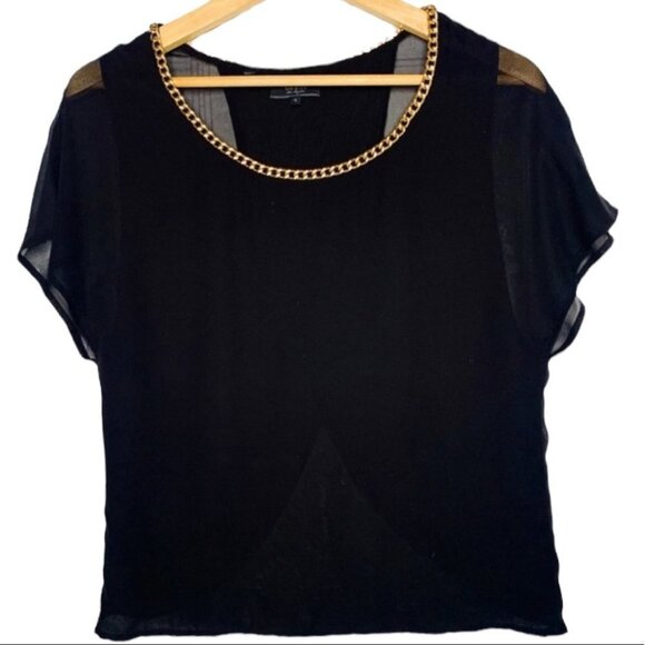 GUESS SHEER BLACK TOP SHORT SLEEVES WOMEN DESIGNER TOP GOLD CHAIN NECK SMALL - Picture 1 of 9